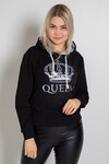 Kadın Siyah Queen Tacı Baskılı Kapüşonlu Oversize Sweatshirt  HZL23W-SR120021