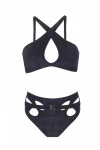 ZEKİ Kadın Siyah Süet Efektli Çıkarılabilen Kaplı, Çapraz Ayarlanabilir Askılı Alt Yüksek Bel Kemerli Bikini Takımı HZL23S-ZK117531
