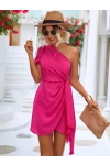 Kadın Fuşya Starplez Yaka Tek Kollu Lastikli Yüksek Bel Kuşaklı Mini Elbise HZL24S-FRY122061