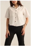 Kadın Krem Kısa Kollu Oversize Çift Cepli Keten Gömlek HZL24S-BD1201801
