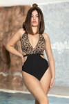 Kadın Siyah Leopar Desenli Boyundan Bağlamalı Sırt Dekolteli Astarlı Yüzücü Mayokini HZL24S-AR1851