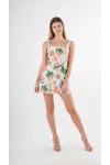 Kadın Krem Tropical Desenli Askılı Sırt Bağlamalı Kuşaklı Mini Elbise HZL24S-YY297