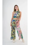 Kadın Yeşil Pembe Desenli Bluz Pantolon Takım HZL22S-YY298