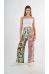 Kadın Yeşil Pembe Desenli Yüksek Bel Bol Paça Pantolon HZL22S-YY284