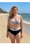 Kadın Beyaz Siyah Desenli Yüksel Bel Astarlı Büyük Beden Bikini Takımı HZL25S-LC3339