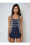 Kadın Lacivert Beyaz Desenli Şortlu Tankini HZL25S-AR1801