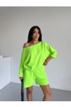 Kadın Neon Yeşil 2 İplik Kayık Yaka Bluz Şort Alt Üst Takım HZL25S-FRY120511